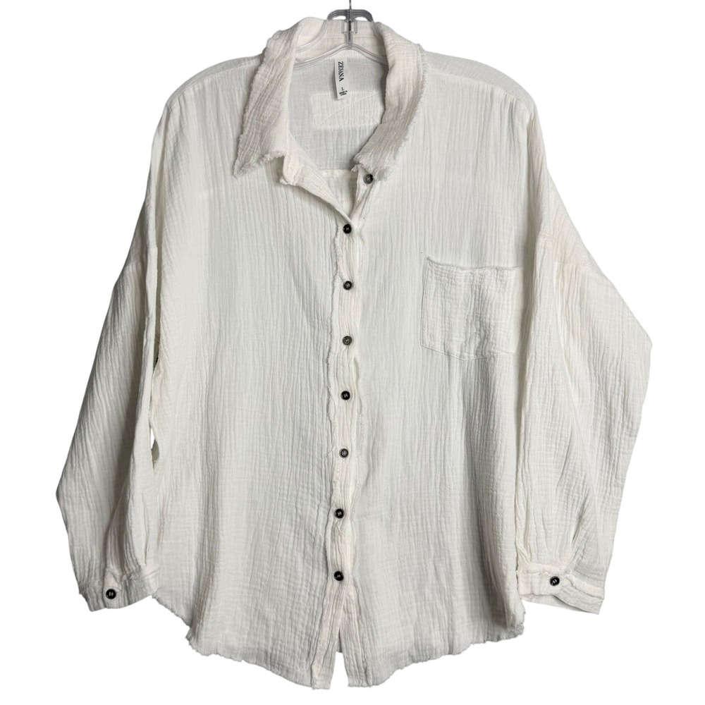 Zenana Double Gauze‎ Button Up Shirt Womens L White Oversized Lagenlook Casual